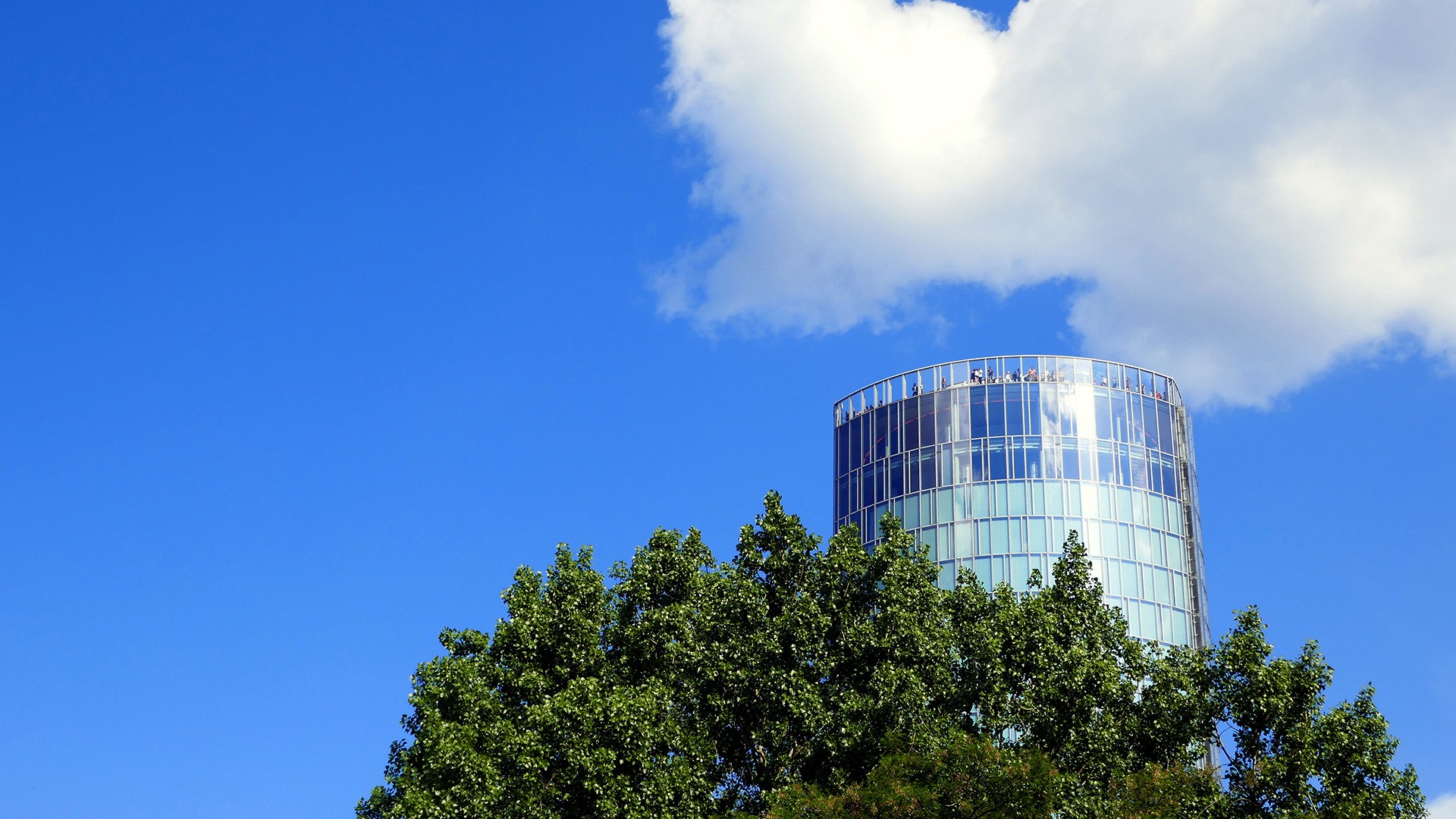 Der KölnTriangle ragt über die Bäume in den blauen Himmel mit weißen Wolken.