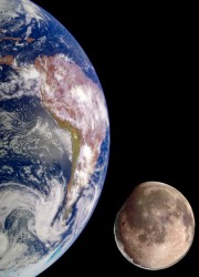 Ein Bild des Planeten Erde im Weltall, rechts daneben der Mond.